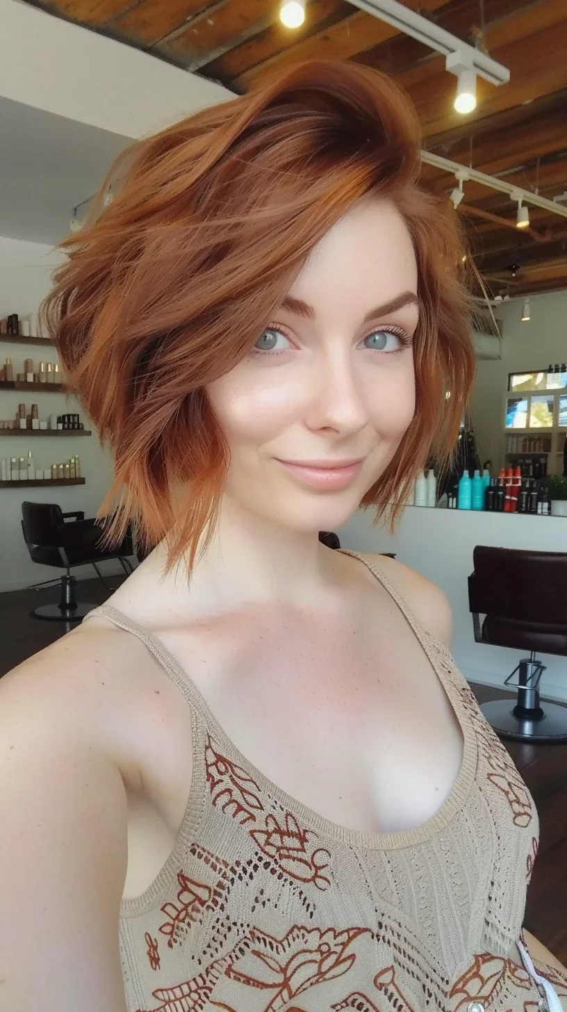 Auburn hair with a distinct copper glow radiates warmth and vibrancy. Lighter ginger pieces blend with deeper mahogany tones to create beautiful dimension throughout. The color features subtle variations, appearing more intensely red in some sections while showing hints of golden strawberry blonde in others. Root area has slightly more depth, gradually brightening toward the ends to create a natural-looking gradient effect.