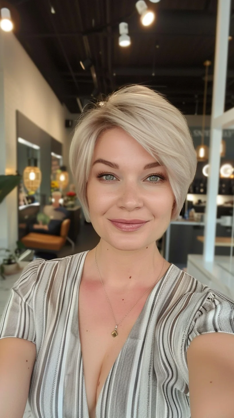 Platinum blonde hair with an almost silvery sheen catches the light beautifully in the salon environment. Subtle root shadowing creates depth at the crown, while the bright icy tones dominate throughout the rest of the hair. When viewed from different angles, you can see very faint hints of pale beige that prevent the color from looking too stark or one-dimensional. 