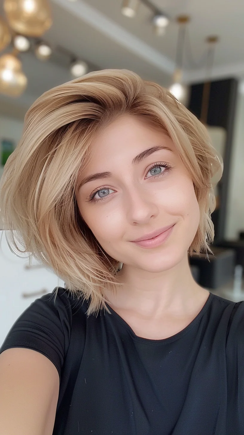 Golden honey blonde hair features a beautiful blend of warm tones that complement one another seamlessly. Slightly darker caramel roots create natural-looking depth, while lighter buttery pieces frame the face. Soft graduation between the different blonde shades gives the color a sun-kissed quality, as if naturally lightened over time.