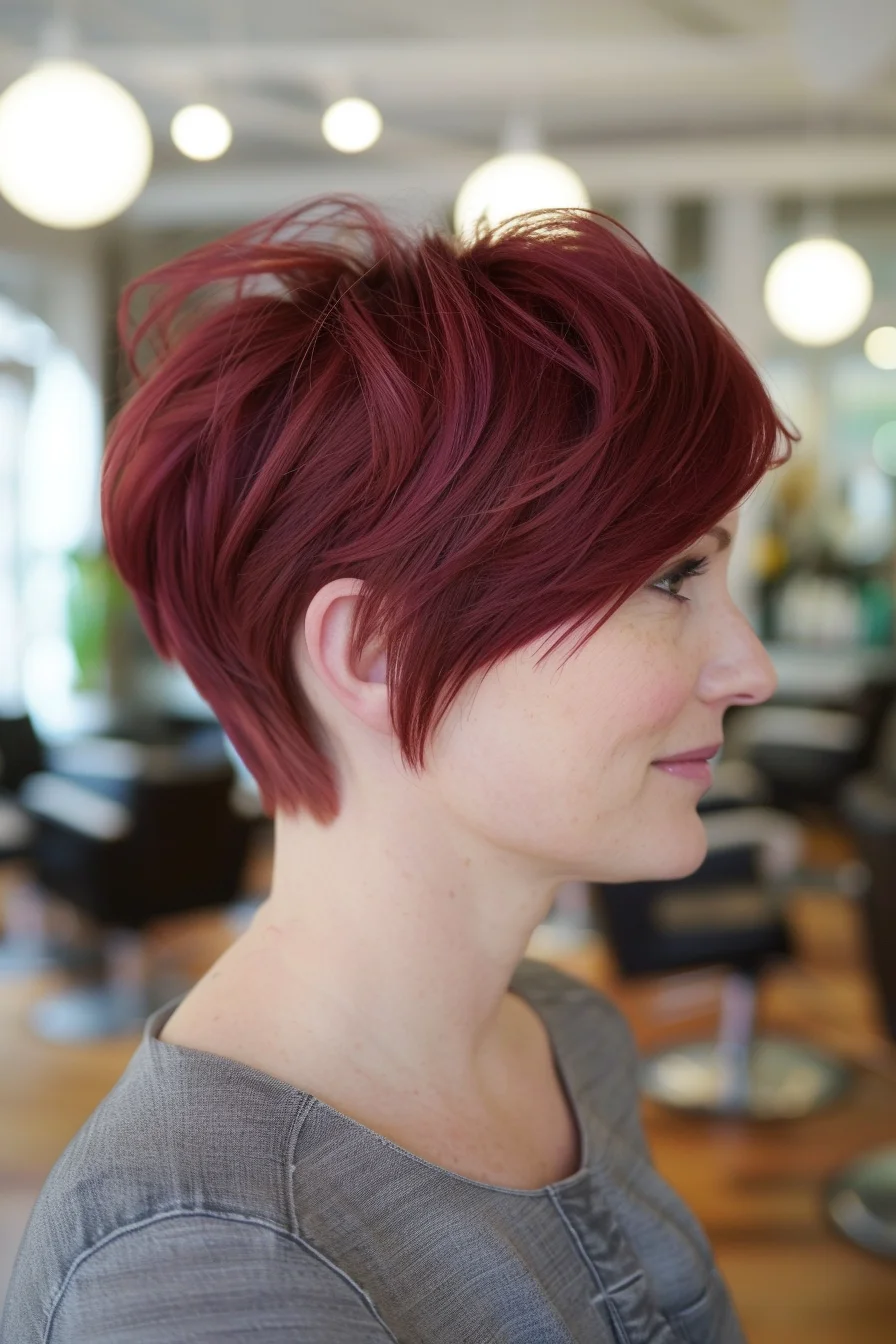 Rich burgundy red hair radiates vibrant color from every angle, showing off its intense jewel-toned hue. A true statement shade that's both bold and eye-catching, this wine-inspired color appears uniformly vivid throughout. When light hits different sections, subtle variations between deeper ruby and brighter cranberry tones become visible, adding beautiful dimension to the overall look.