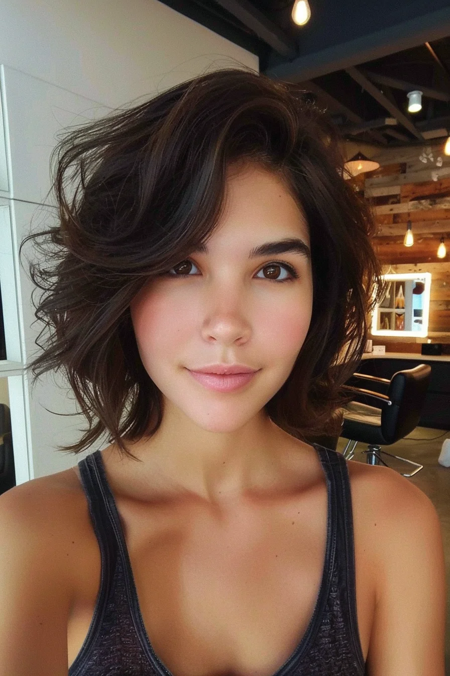 Deep chocolate brown hair with incredible shine and richness shows off its healthy, glossy appearance. While predominantly a dark espresso shade, subtle hints of warmer chestnut brown peek through when the light hits certain sections. Natural-looking and dimensional, the color has beautiful depth that prevents it from appearing flat or one-dimensional.