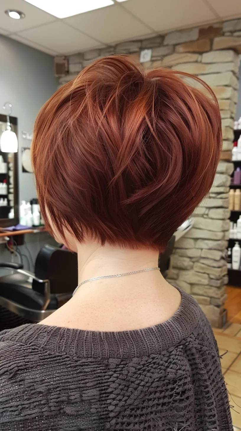 Deep auburn red hair glows with intense warmth, featuring subtle variations between deeper mahogany and brighter copper tones. The rich coloration has been applied with careful attention to create natural-looking dimension throughout. Sunlight catches different sections, highlighting the variations between ruby-tinted strands and slightly lighter pieces that add visual interest and depth to the overall fiery appearance of the cropped style.