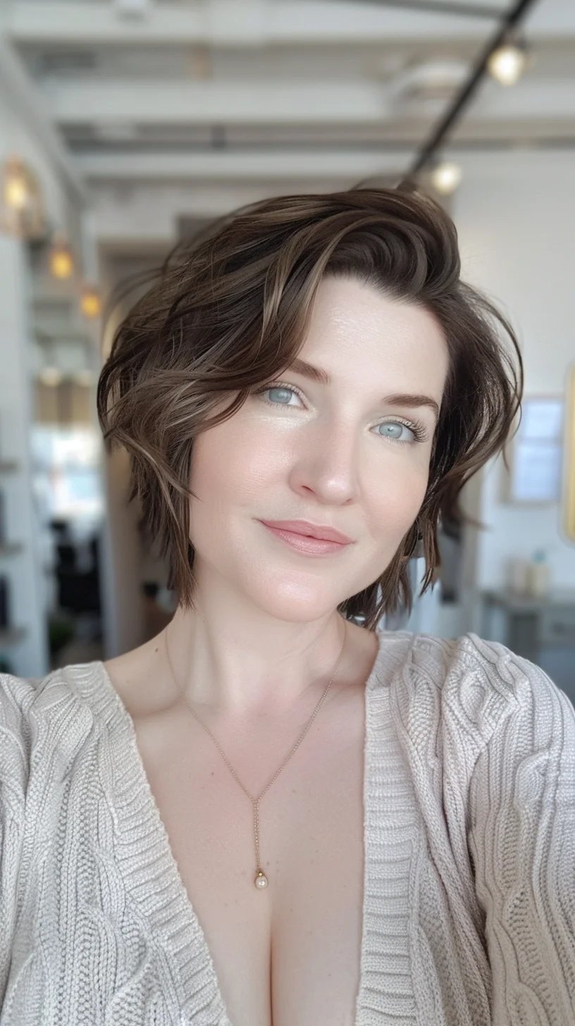Medium brown hair with gorgeous dimension showcases subtle honey-toned highlights that catch the light beautifully. Rich chocolate base color provides depth, while warmer caramel pieces add brightness and visual interest. Natural-looking color variation creates movement throughout, with slightly lighter sections around the face that brighten and flatter. 