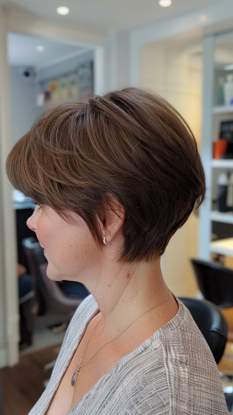 Rich chocolate brown hair with subtle highlights creates beautiful dimension when viewed from the side. Deeper espresso tones at the nape gradually lighten to warm chestnut through the crown area, giving the color natural-looking depth. Salon lighting accentuates the variation between darker and lighter sections, showing off the multi-tonal effect that prevents the brunette shade from appearing flat.