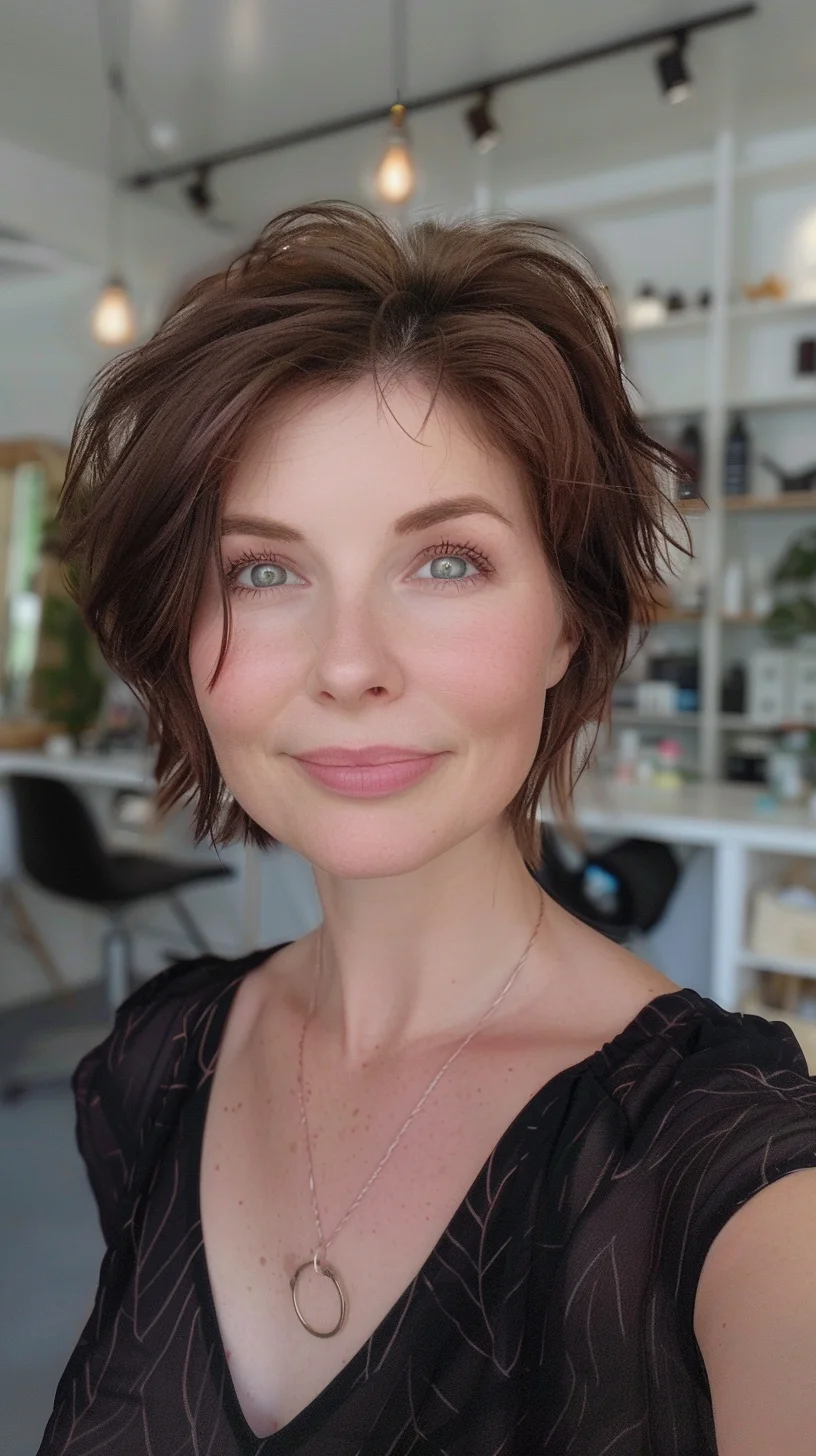 Medium brown hair with beautiful texture shows off subtle auburn undertones when photographed in natural light. Rich chocolate base color provides depth while slightly warmer cinnamon pieces catch the light differently, creating visual interest and movement. A few caramel-toned highlights add brightness without overwhelming the overall brunette shade. 