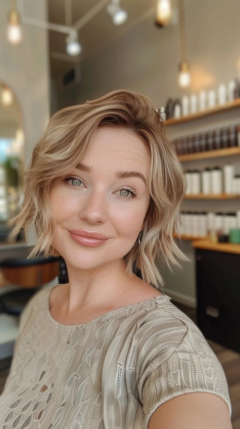 Creamy blonde hair shows off beautiful variation between warmer honey tones and lighter vanilla pieces. Root area features slightly deeper caramel shades that create natural depth and dimension. As the color moves toward the ends, it brightens to a beautiful champagne blonde that catches the light beautifully.