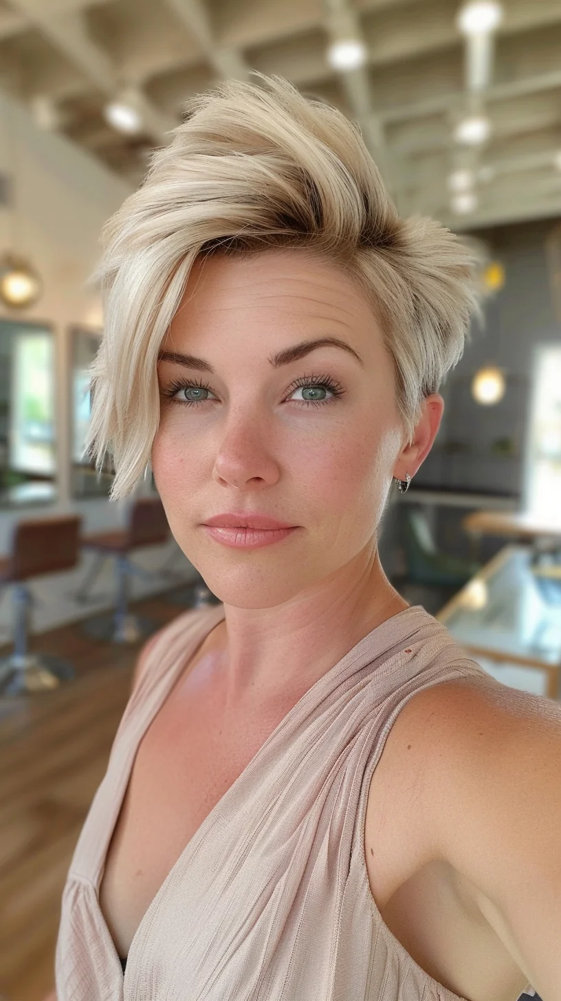Bright platinum blonde hair with an edgy vibe features slightly deeper roots that create beautiful contrast against the icy ends. Shadow roots add depth and dimension to the otherwise light color, preventing it from looking too stark or one-dimensional. Cooler silver tones dominate throughout, giving the blonde a modern, fashion-forward appearance.