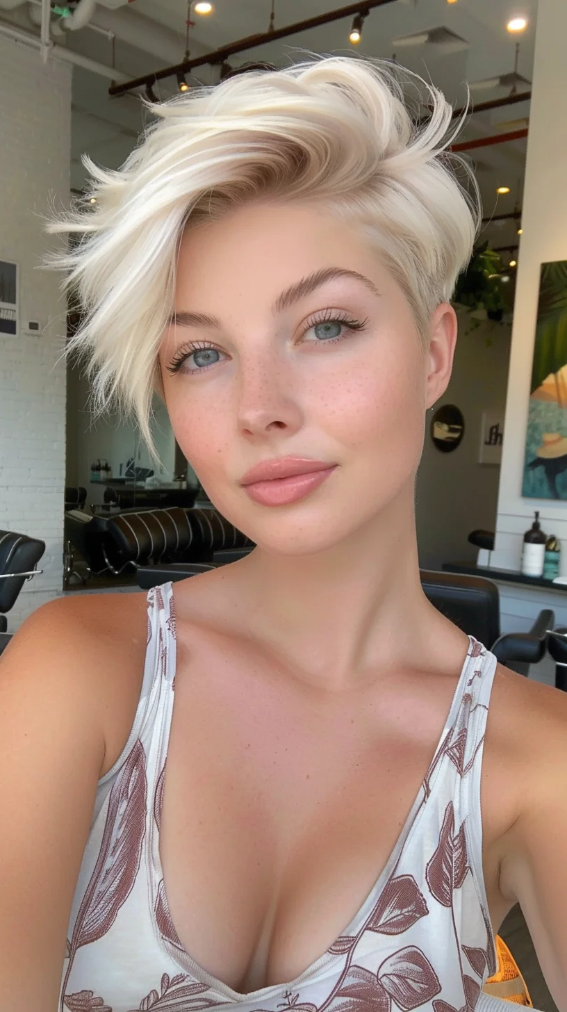 Pure platinum blonde hair with stunning brightness seems to glow under the salon lighting. Almost white in appearance, the color has been kept consistent throughout, creating a bold, statement-making effect. Very faint shadow roots add just enough depth to prevent the color from looking flat or wig-like. 