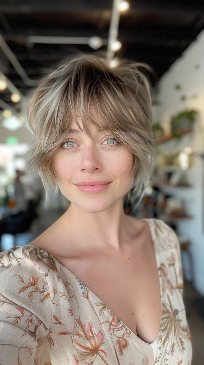 Soft ash blonde hair features delicate platinum highlights that catch the light beautifully. The color palette includes gentle sandy undertones mixed with cooler silvery strands, creating a dimensional effect throughout. Subtle variations in the blonde shading give the hair a natural sun-kissed quality, as if lightened gradually by time spent outdoors.