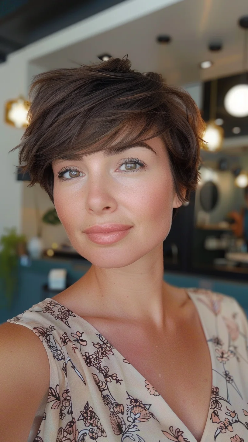Rich chocolate brown hair with beautiful depth appears smooth and glossy under salon lighting. Though predominantly a deep brunette shade, subtle variations in tone create natural-looking dimension throughout. Slightly lighter pieces around the face brighten the overall look while keeping it grounded in natural territory.
