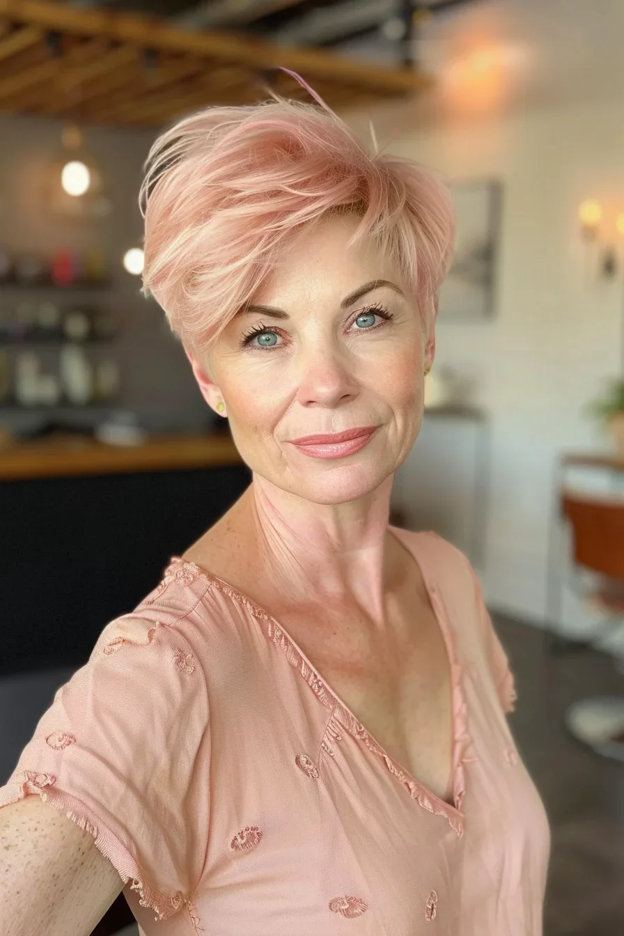 Pastel pink hair creates a dreamy, ethereal appearance with its gentle rose-tinted hue. The color features subtle variations with slightly deeper blush tones near the roots that gradually lighten toward the tips. Bright platinum highlights mixed throughout add dimension and brightness, making the overall effect reminiscent of cotton candy clouds.