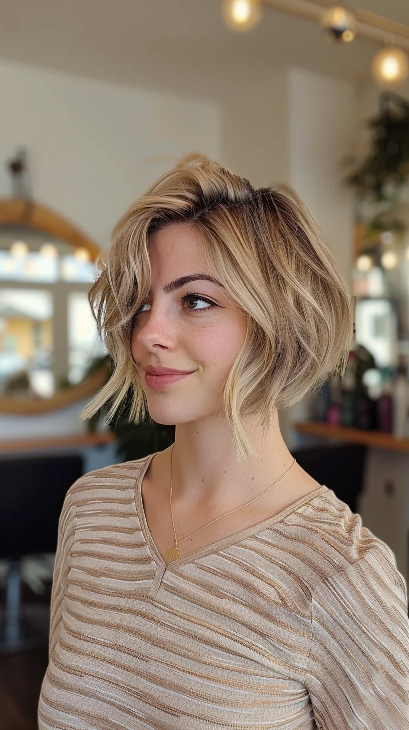 Honey blonde hair with beautiful dimension catches the light in different ways, showing off buttery golden tones near the face. Slightly darker roots blend seamlessly into the brighter mid-lengths and ends, creating a natural gradient effect. Subtle highlights woven throughout add brightness and movement to the color, giving it a sun-kissed quality that appears effortlessly natural. 