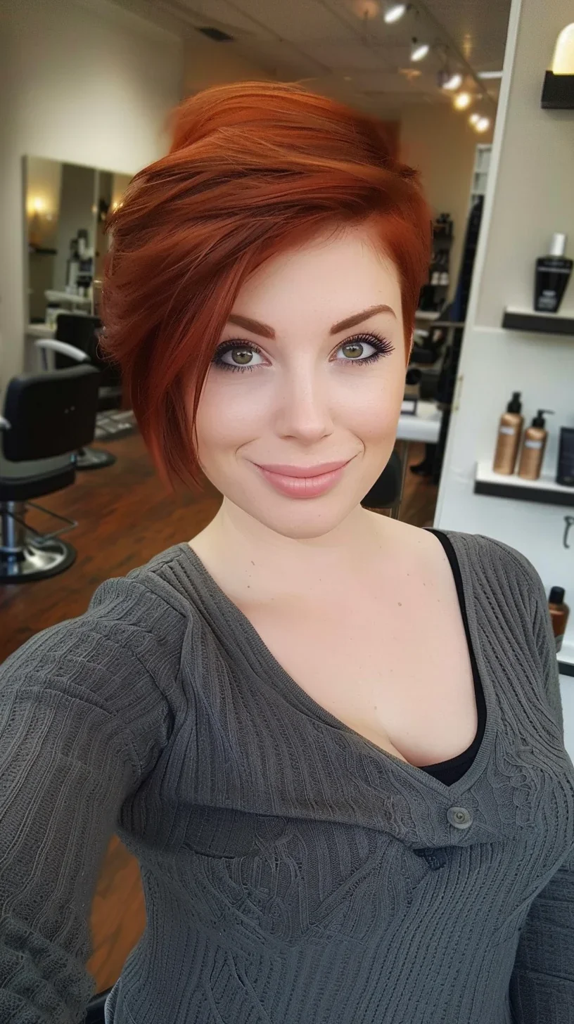 Vibrant copper-red hair glows with rich, fiery intensity that appears both bold and natural. Multiple auburn tones blend together to create depth, with slightly darker roots and brighter, more vivid ends. Cinnamon-colored highlights add warmth and dimension throughout, creating a multi-faceted effect as the hair catches the light.