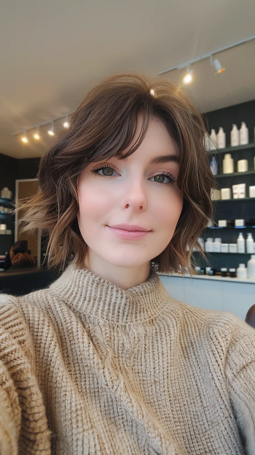 Rich chocolate brown hair with subtle caramel highlights creates beautiful depth and dimension. Warm undertones give the brown base a hint of chestnut that prevents it from looking flat or one-dimensional. Lighter pieces around the face brighten the overall look while keeping the color grounded in natural-looking territory.