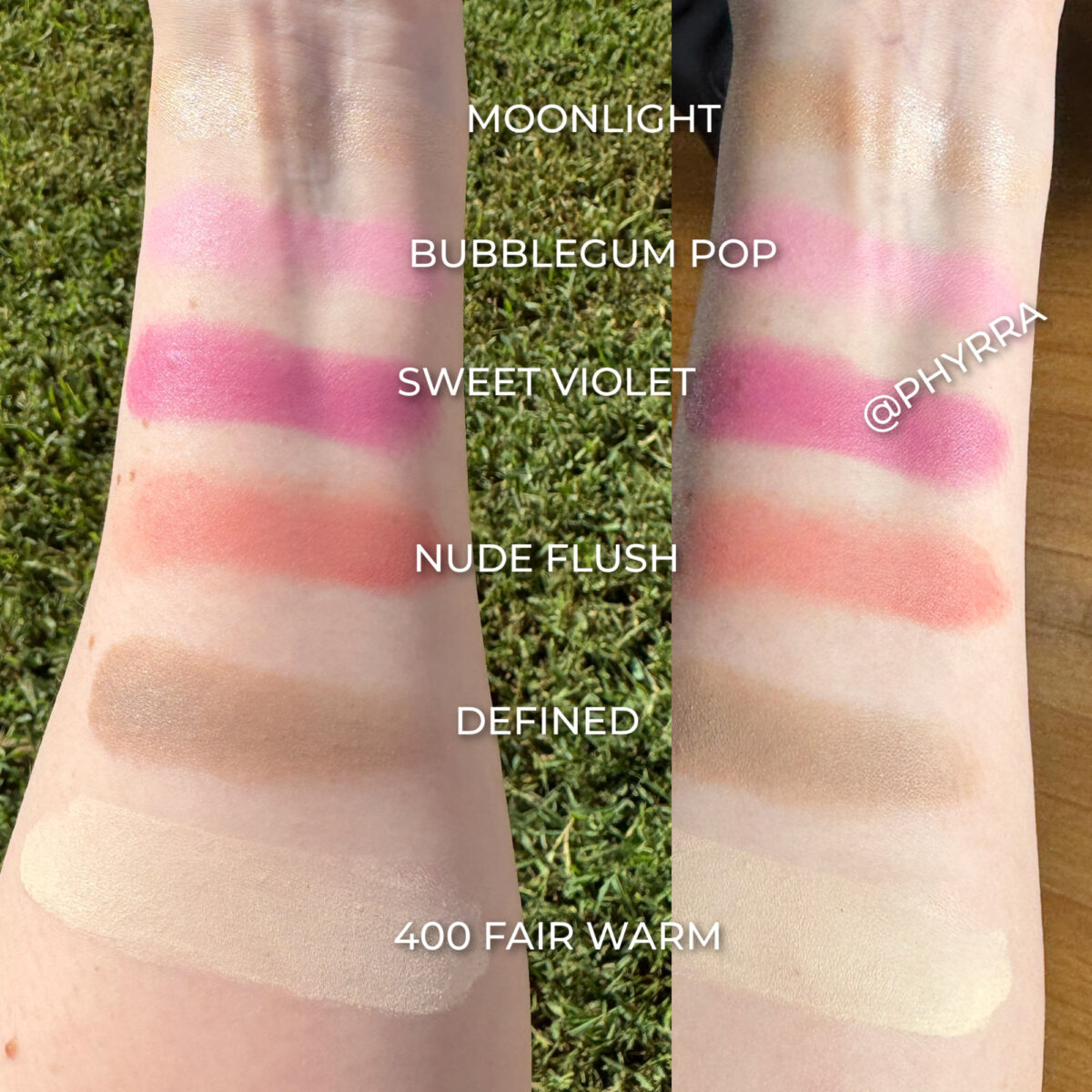 Covergirl Blush Balm, Contour and Highlighter swatches on fair skin by Cordelia Frost, pale beauty and makeup expert at Phyrra.net