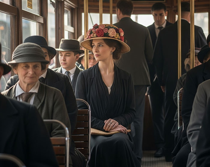 Elegant woman in a tram in 1914 wearing a floral hat
