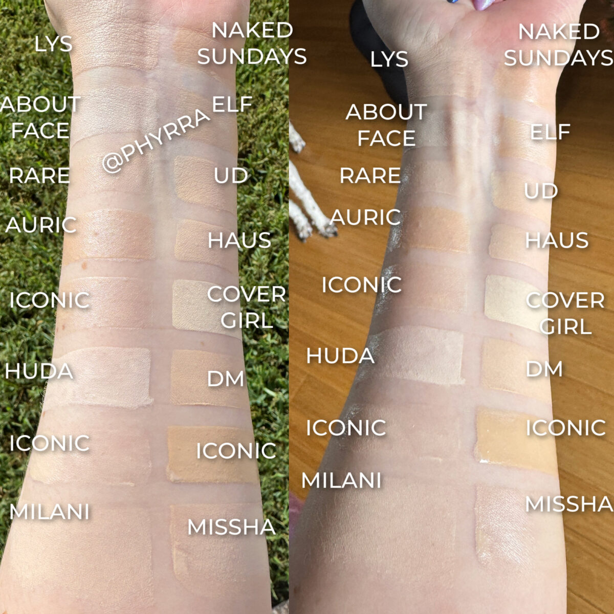 Pale foundation swatches on very fair neutral cool skin by Cordelia Frost