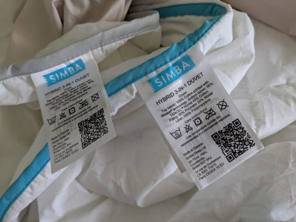 Simba duvet QR code label