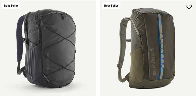 Two Patagonia sporty backpacks displayed side by side. The left backpack features a sleek design with a quilted exterior and multiple compartments, while the right backpack has a more structured shape with a colored stripe and a durable fabric. Both are highlighted as 'Best Seller'.