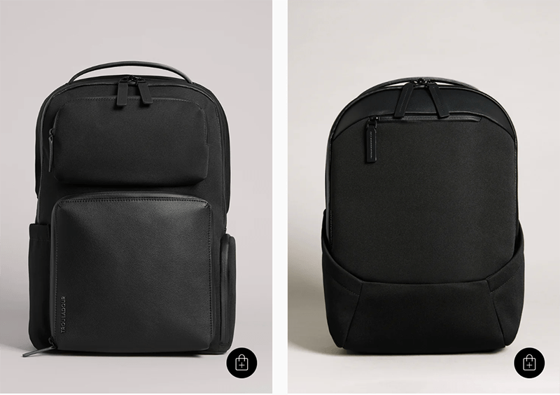Two sporty black backpacks displayed side by side, showcasing their sleek and modern designs.