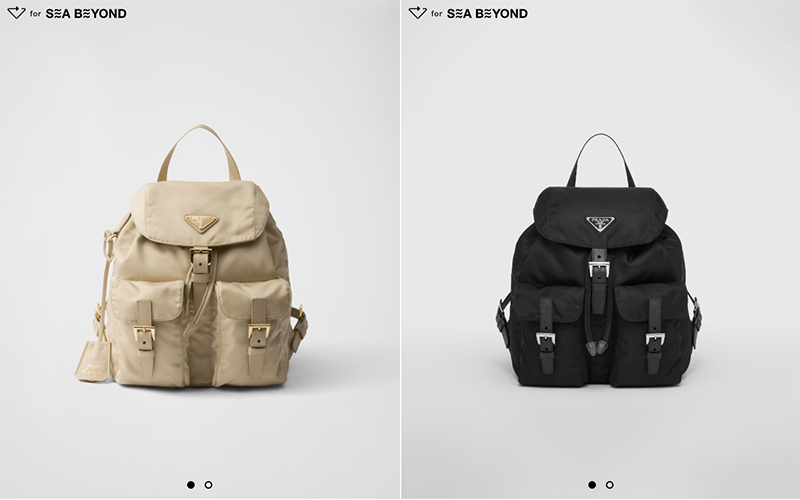 A side-by-side comparison of two sporty backpacks: one beige with multiple pockets and straps, and one black with a similar design, both featuring a central logo.