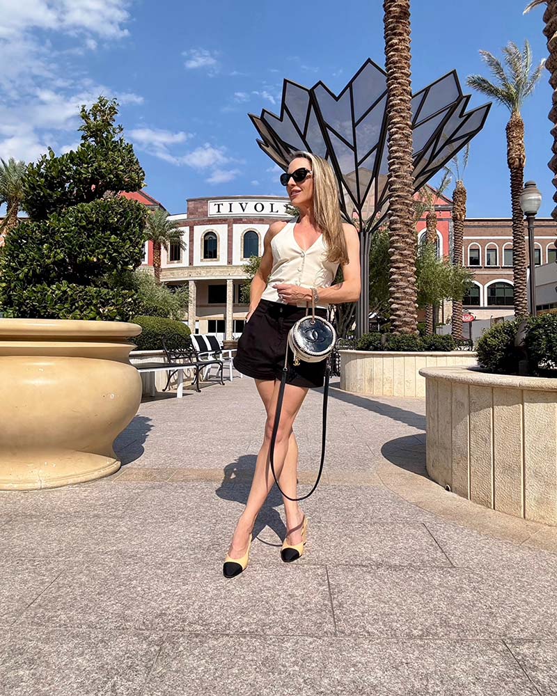 chanel slingbacks beige black cap toe black shorts eve dawes
