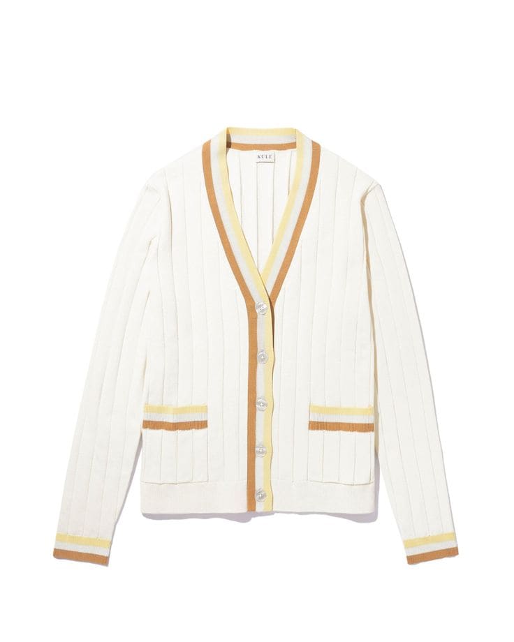 Kule varsity-tipped cotton cardigan in cream/hazelnut.