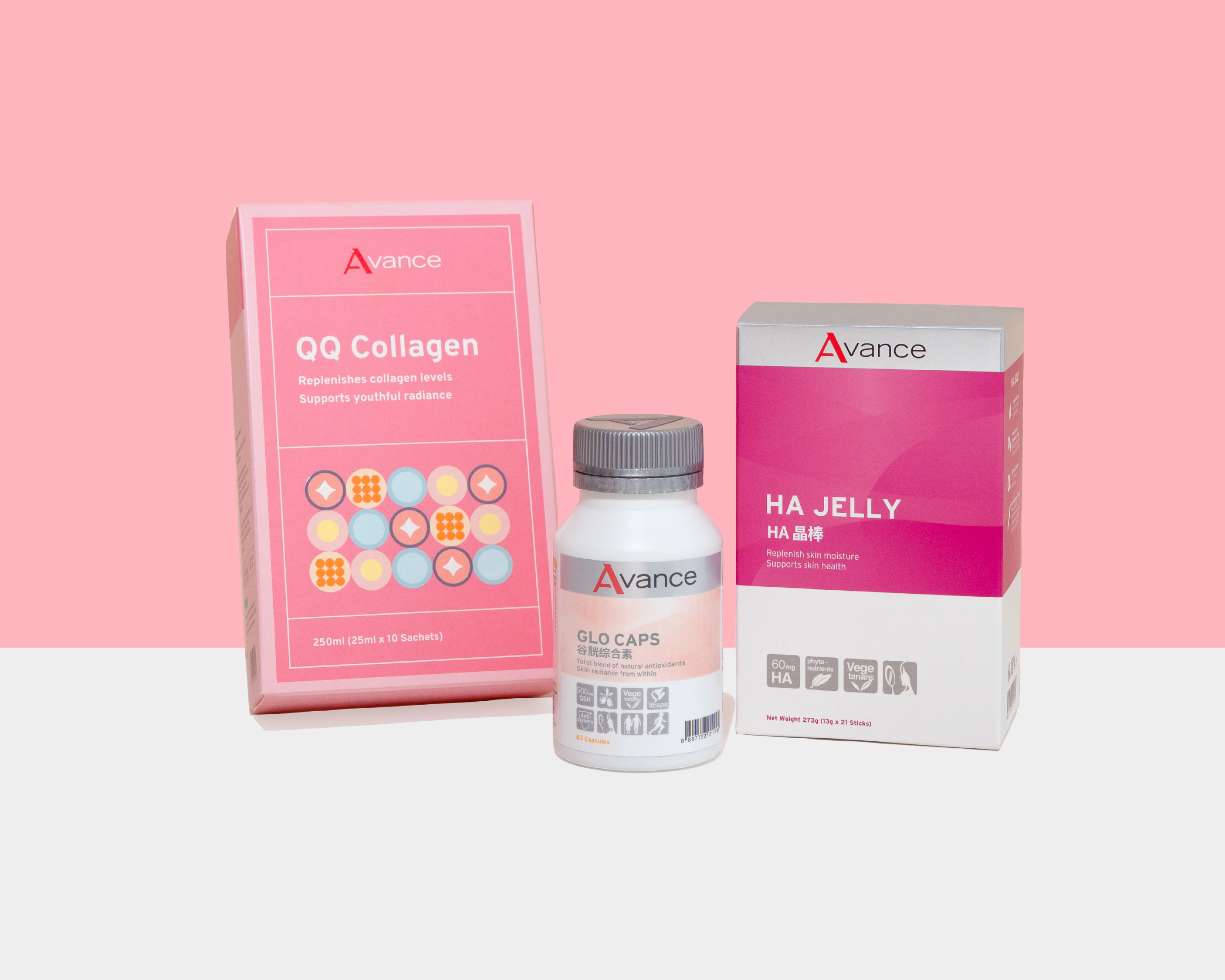 Avance's QQ Collagen, GLO Caps and Ha Jelly