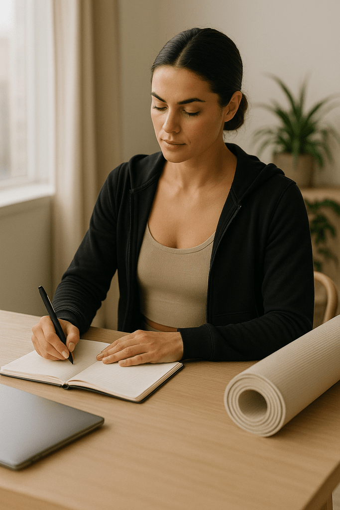 A woman in a black zip-up hoodie and beige tank top sits at a wooden table, writing in a notebook with a yoga mat rolled up beside her and a laptop in view.