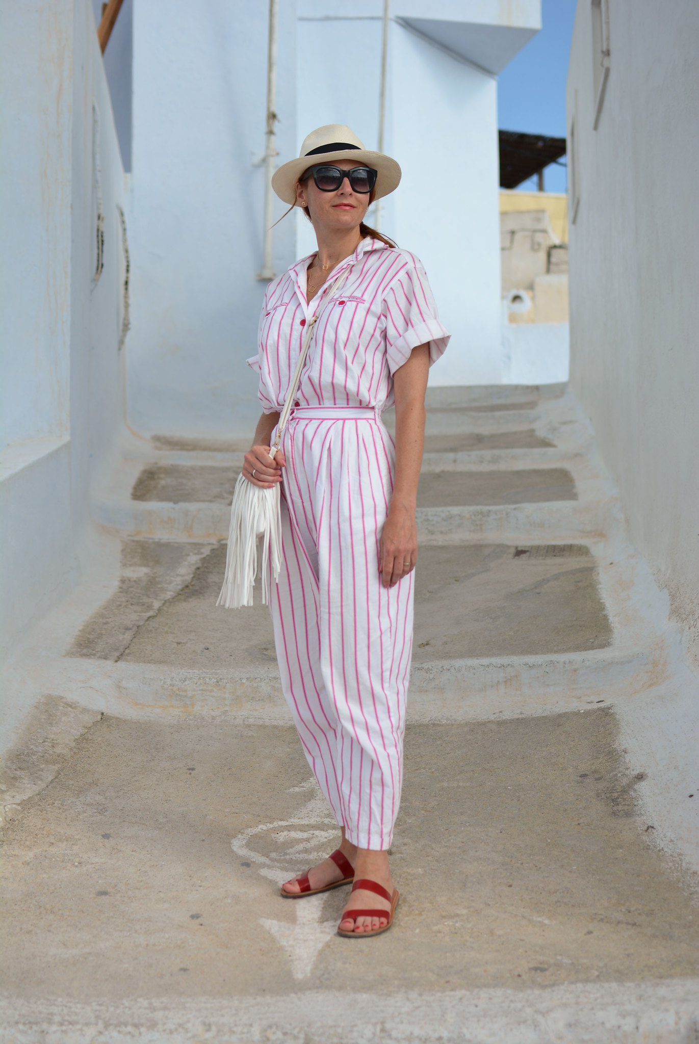 Vintage DVF pink and white striped jumpsuit | Location: Santorini | Not Dressed As Lamb