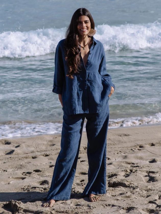 blue linen trousers and top made sustainably