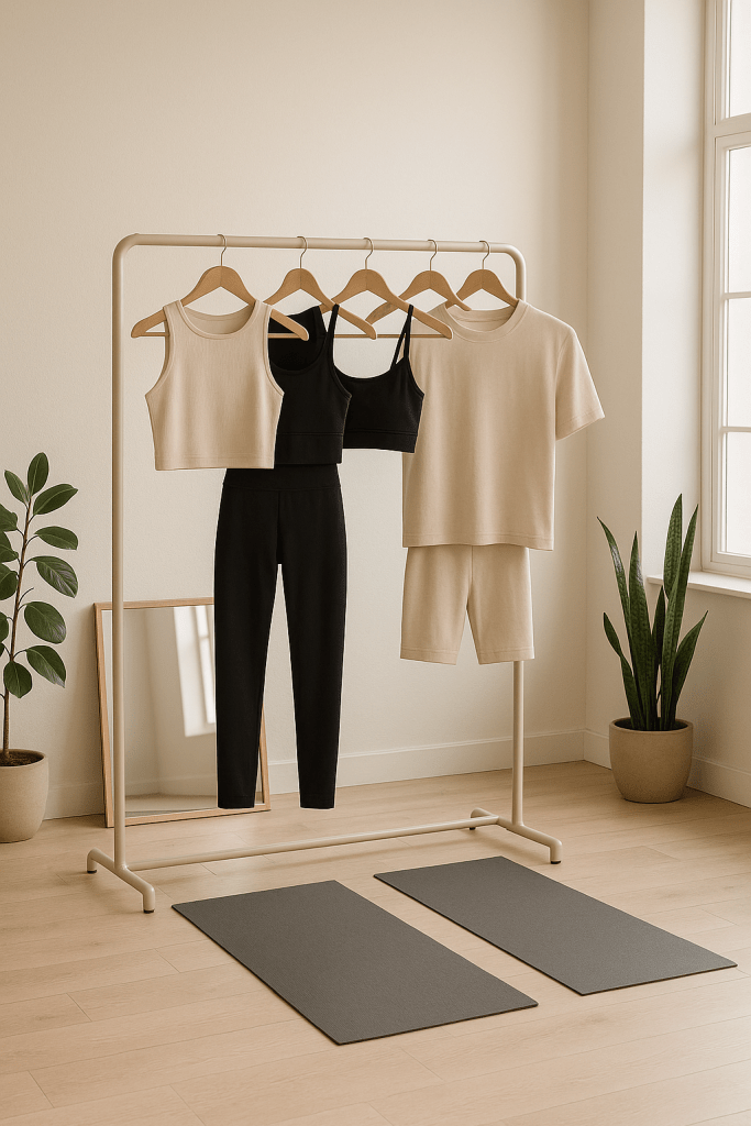 Display of a minimalist yoga wardrobe featuring black and beige tops, leggings, and shorts hanging on a rack, with two yoga mats laid on a wooden floor.