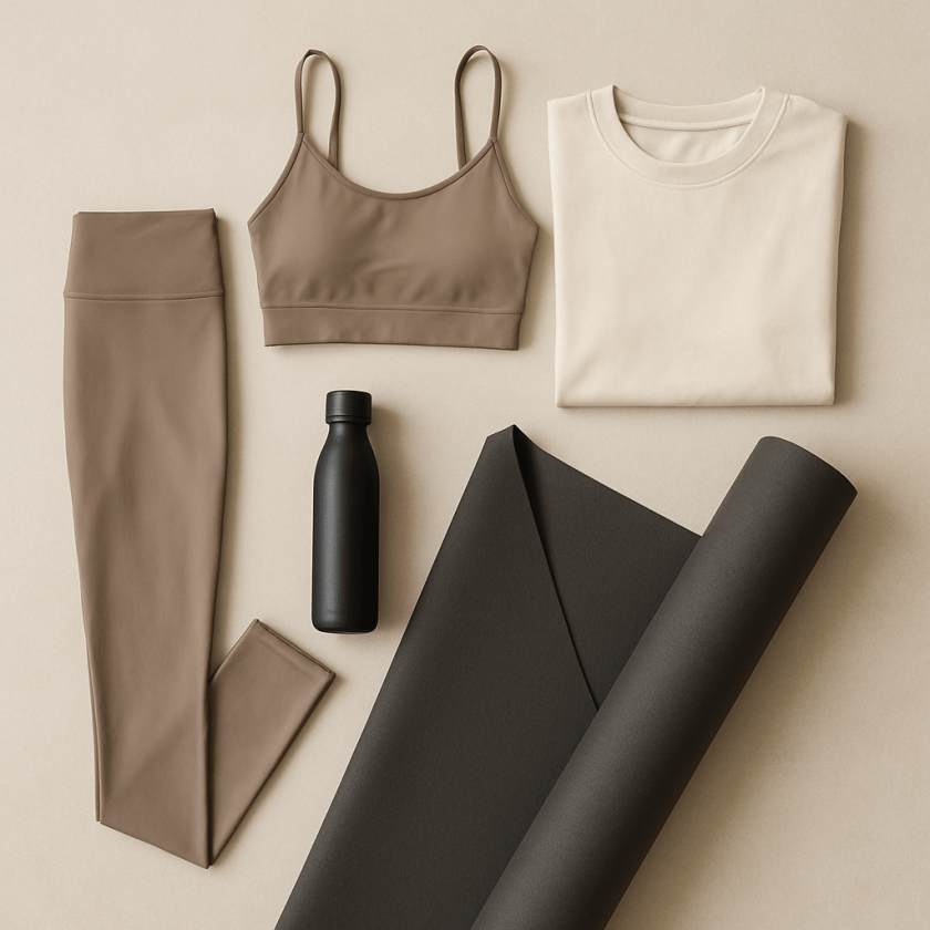 Flat lay of yoga essentials including a beige t-shirt, brown bra top, brown leggings, a black water bottle, and a yoga mat.