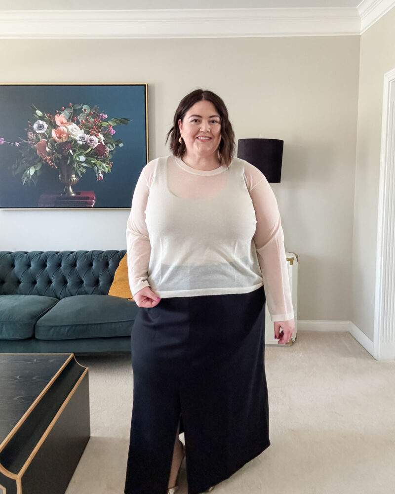 Women's Crewneck Sheer Sweater, plus size Leisure Studio Fleece Maxi Skirt and Slim Fit Seamless Tank Top